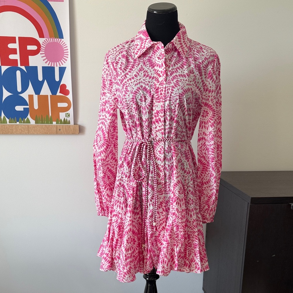 Zara Pink and White Long Sleeve Shirt Dress